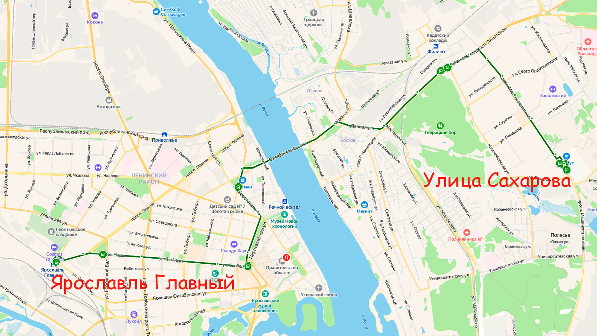 Маршрут автобуса 99С в Ярославле на карте.