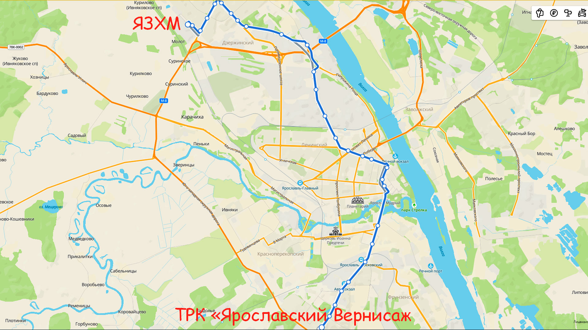 Маршрут автобуса 71С в Ярославле на карте.