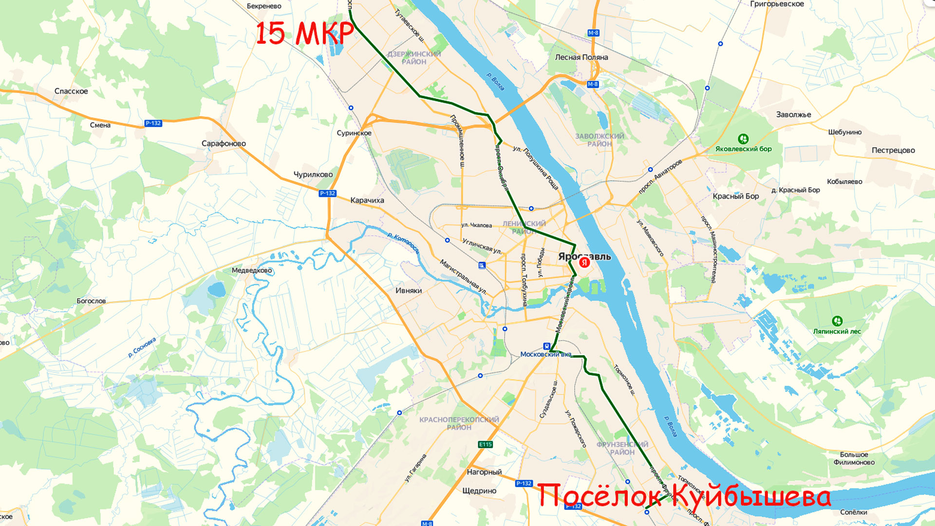 Маршрут автобуса 42 в Ярославле на карте.