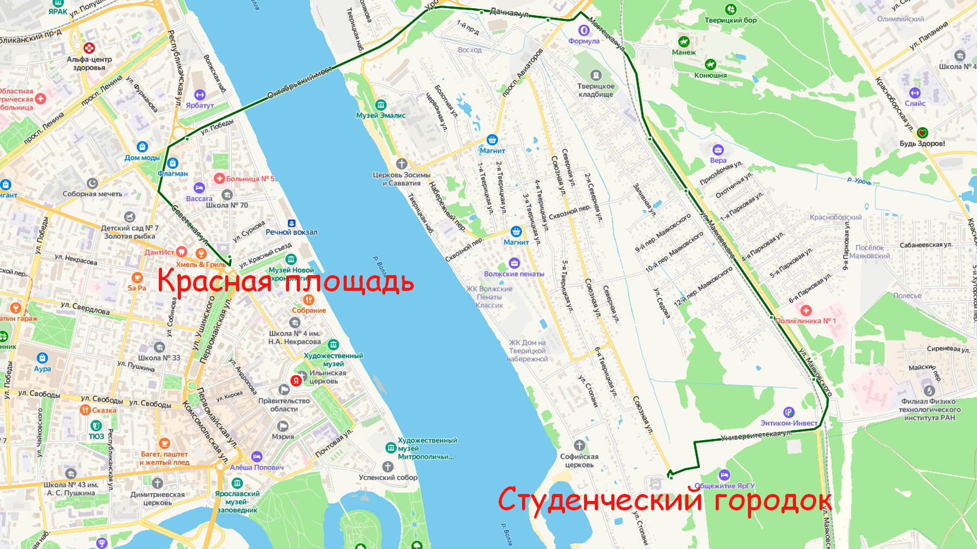 Маршрут автобуса 22С в Ярославле на карте.