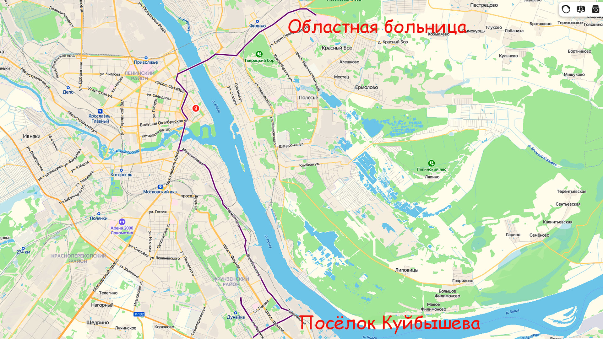 Маршрут маршрутки 84 в Ярославле на карте.