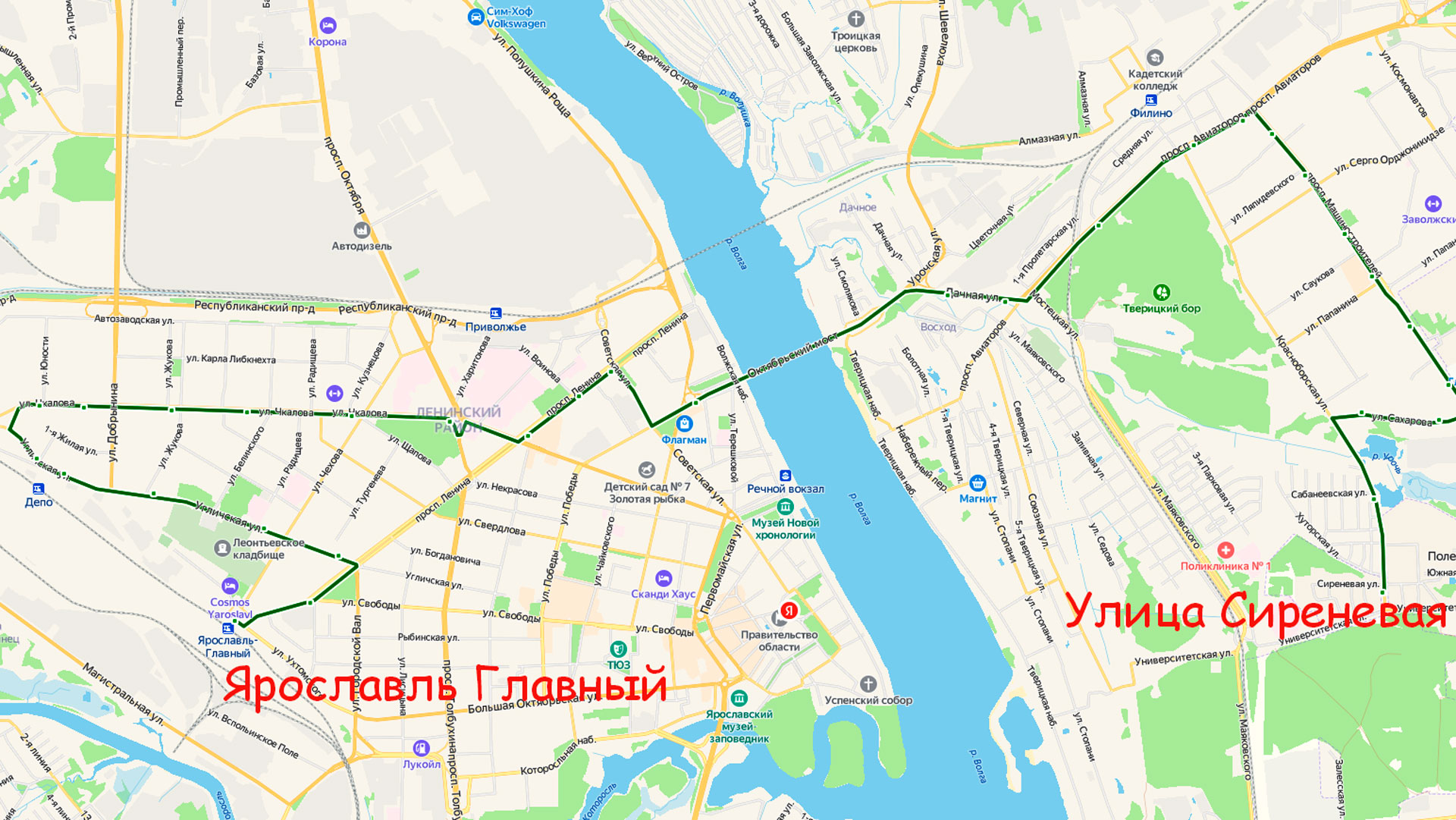 Маршрут автобуса 64 в Ярославле на карте.
