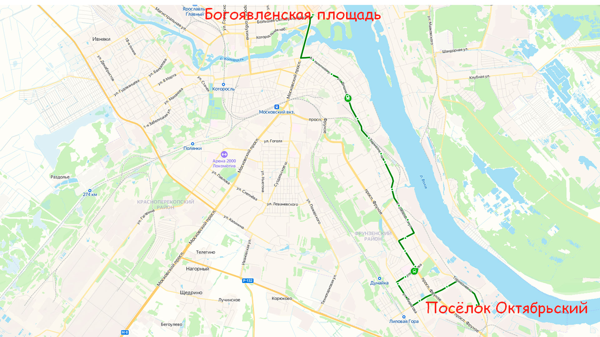 Маршрут автобуса 4А в Ярославле на карте.