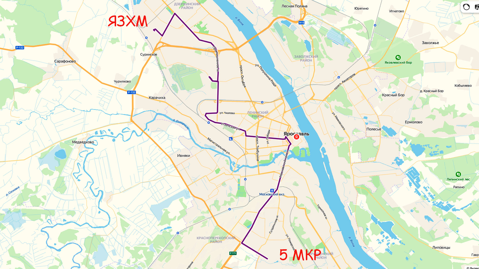 Маршрут маршрутки 71 в Ярославле на карте.