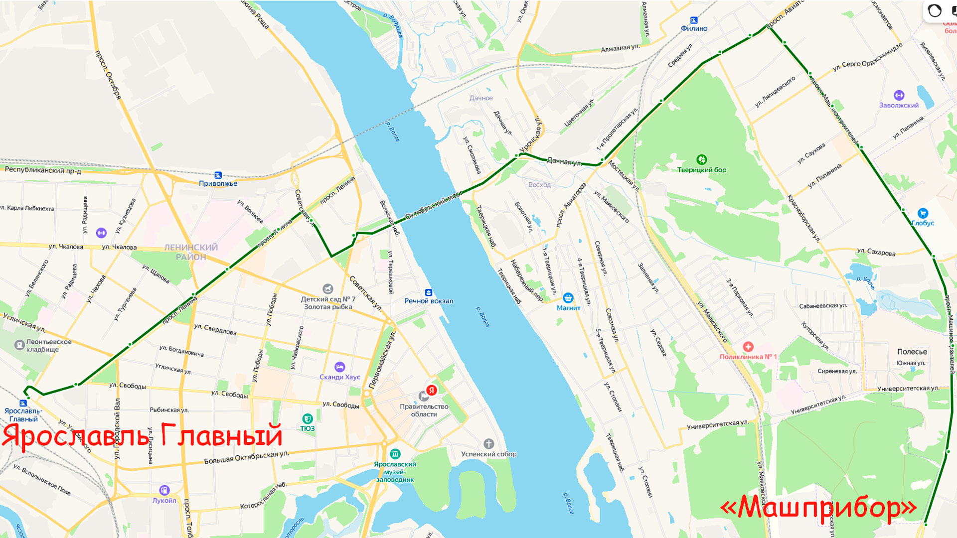 Маршрут автобуса 30 в Ярославле на карте.