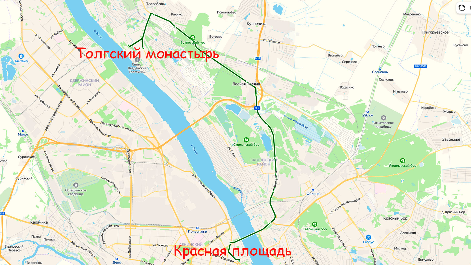 Маршрут автобуса 34 в Ярославле на карте.