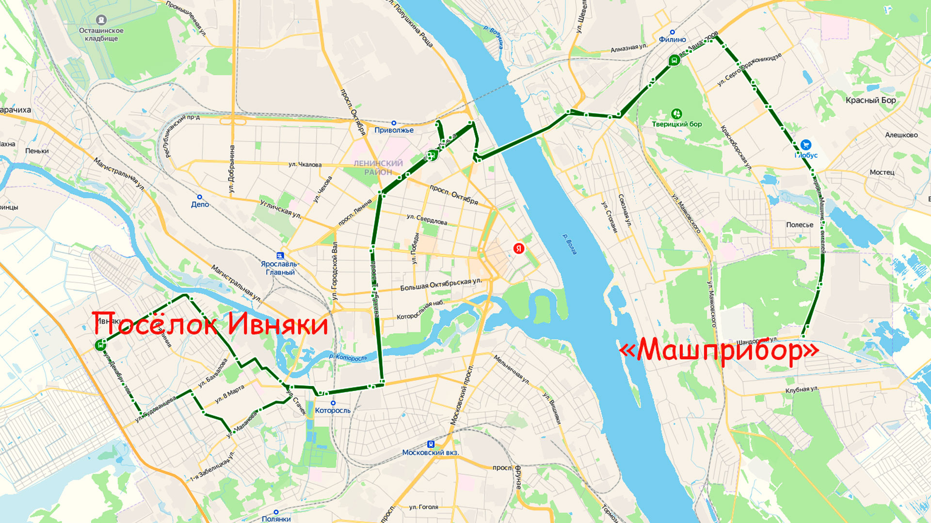 Маршрут автобуса 85 в Ярославле на карте.