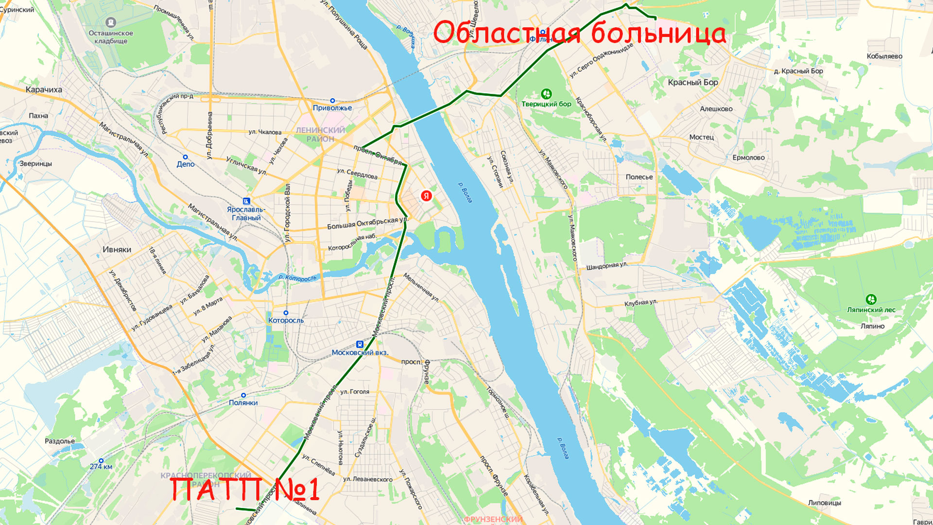 Маршрут автобуса 33 в Ярославле на карте.