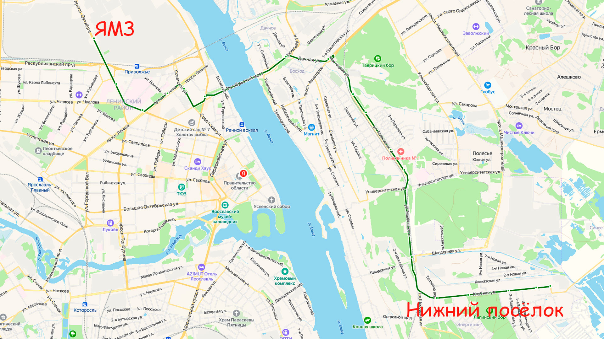 Маршрут автобуса 22 в Ярославле на карте.