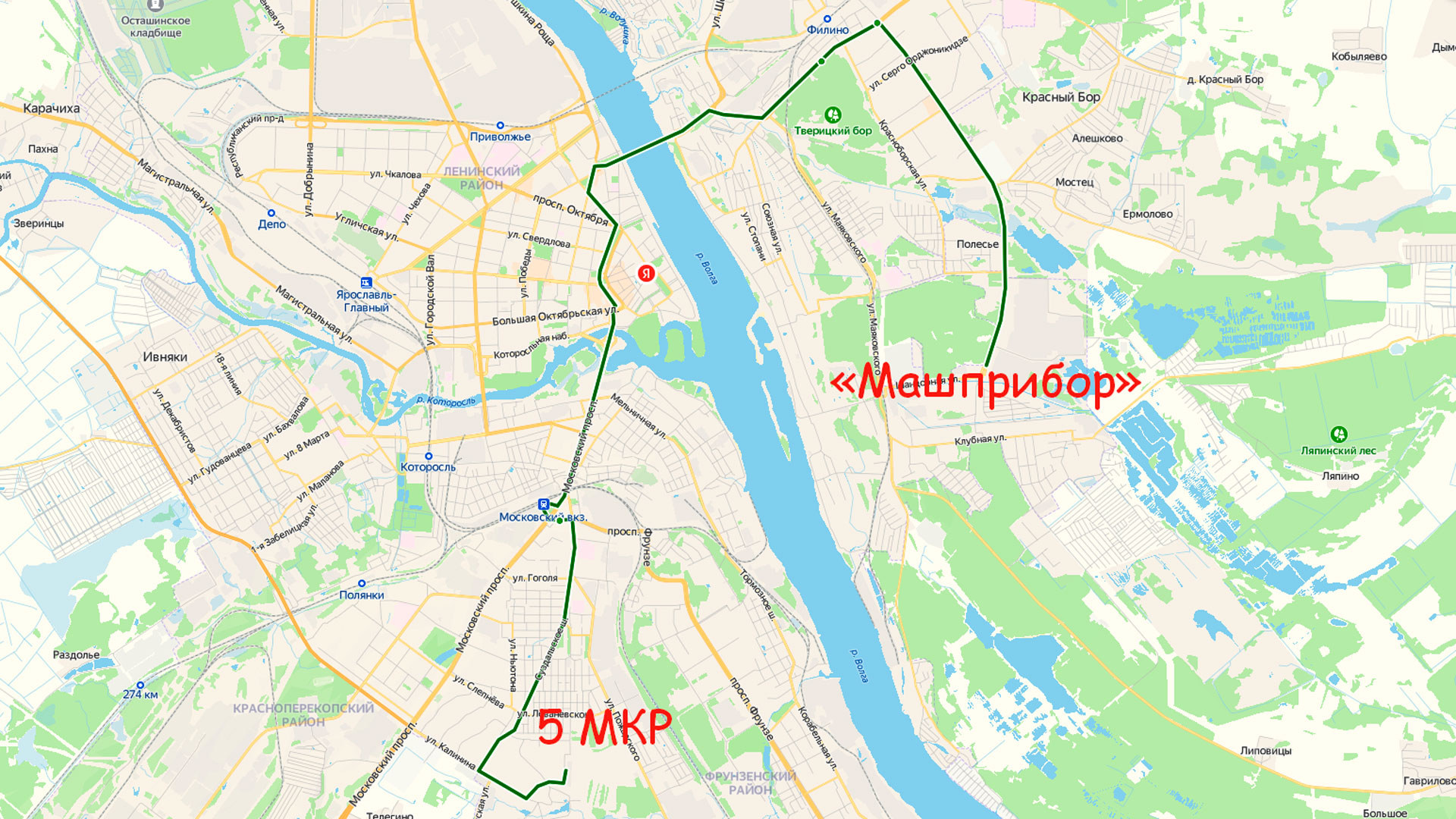 Маршрут автобуса 13 в Ярославле на карте.