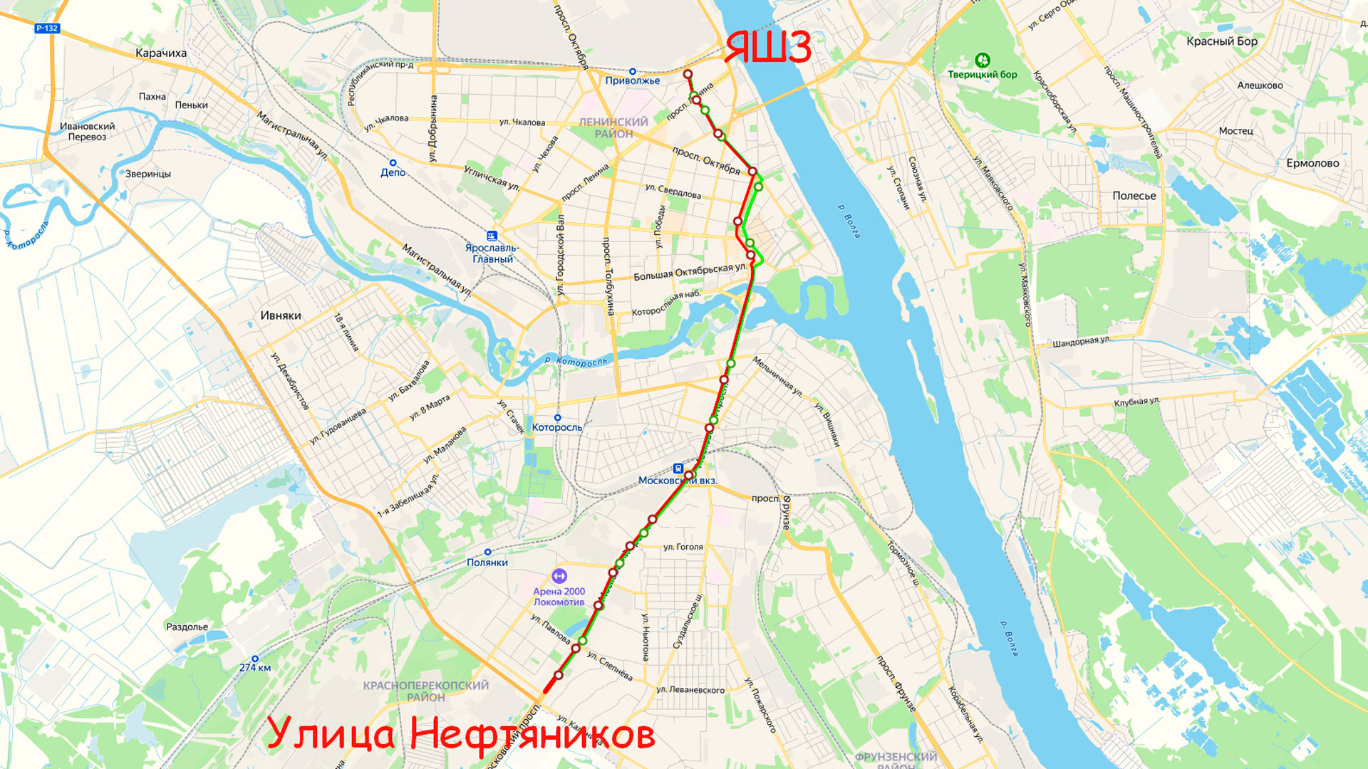 Маршрут троллейбуса 9 в Ярославле на карте.