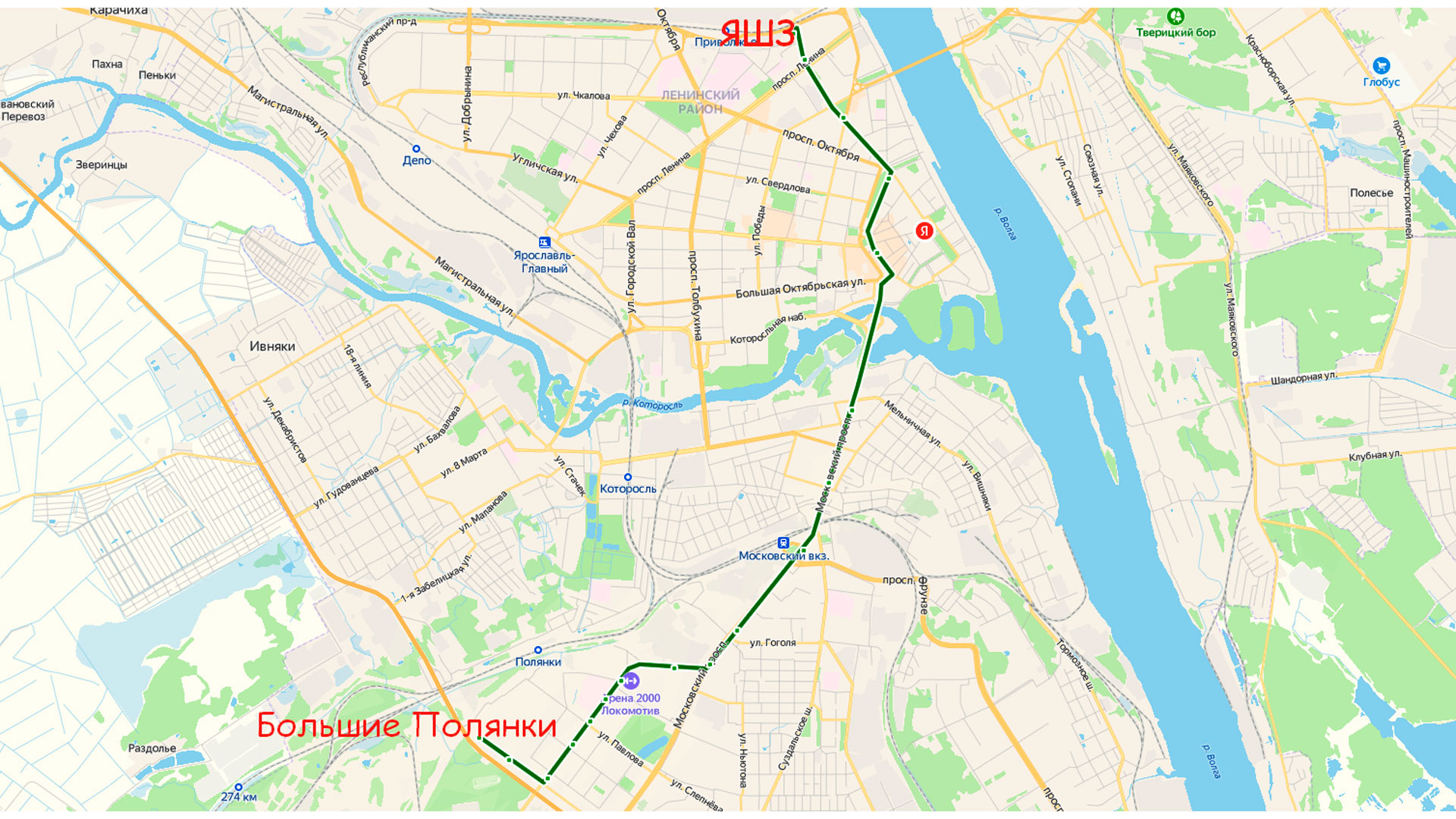 Маршрут автобуса 2 в Ярославле на карте.