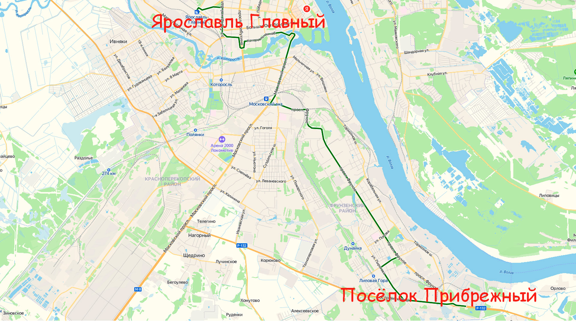 Маршрут автобуса 41 в Ярославле на карте.