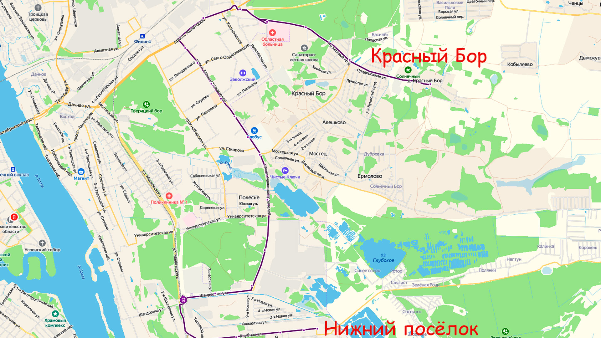 Маршрут маршрутки 132 в Ярославле на карте.