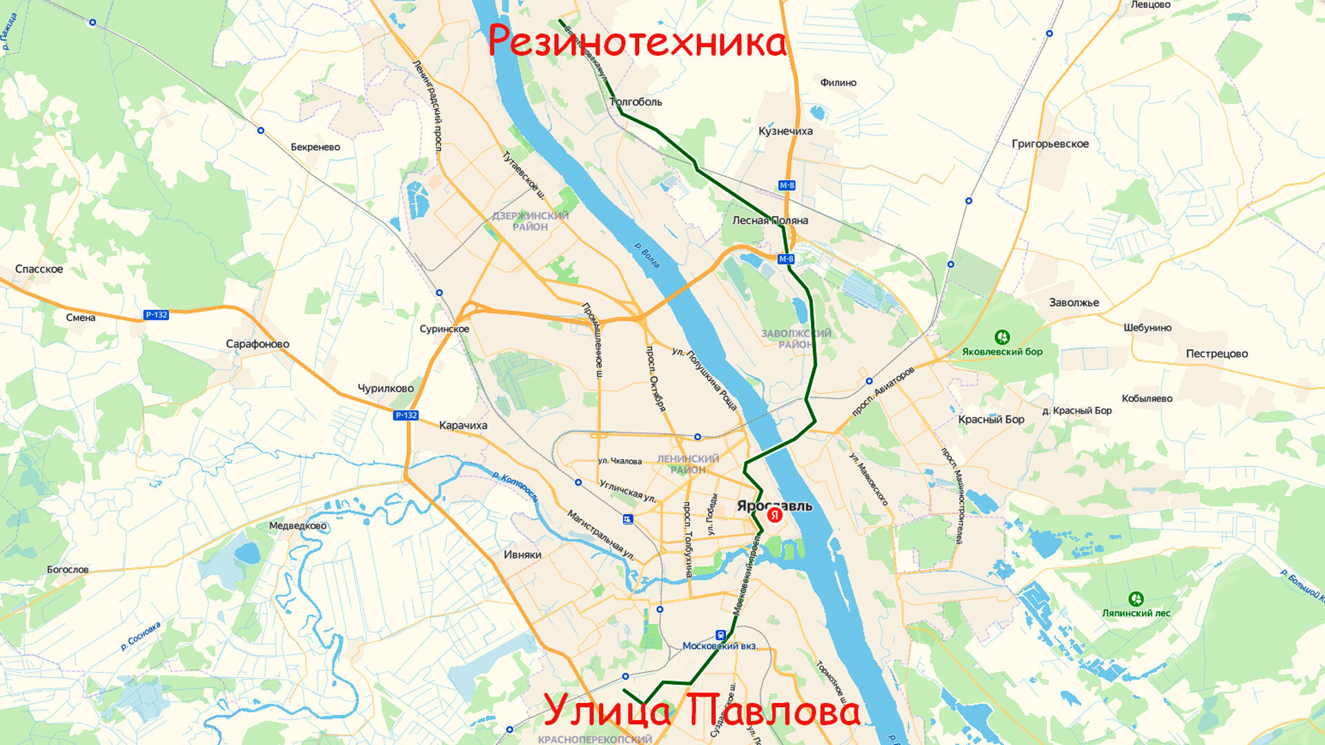 Маршрут автобуса 21Б в Ярославле на карте.
