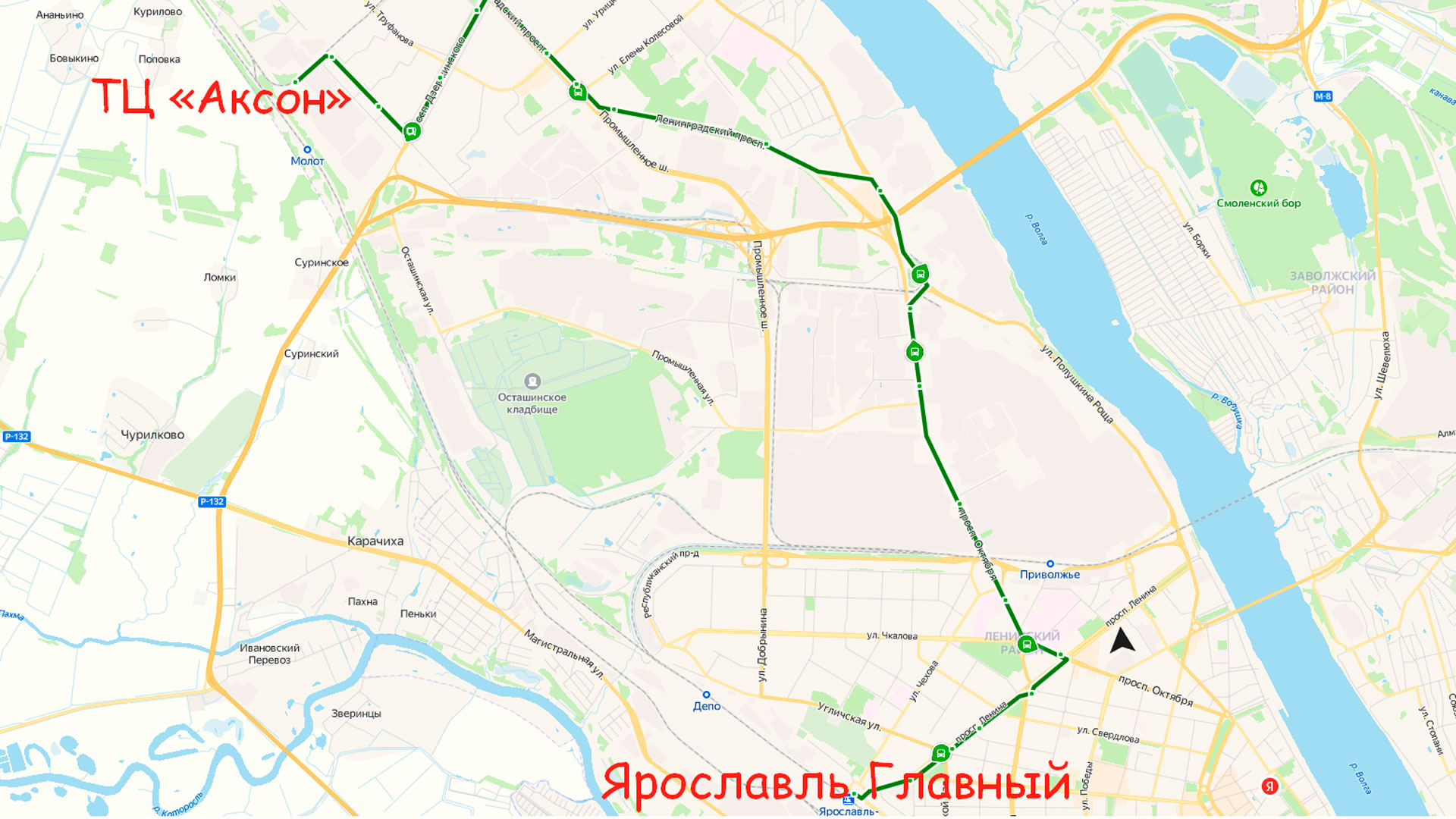 Маршрут автобуса 9 в Ярославле на карте.