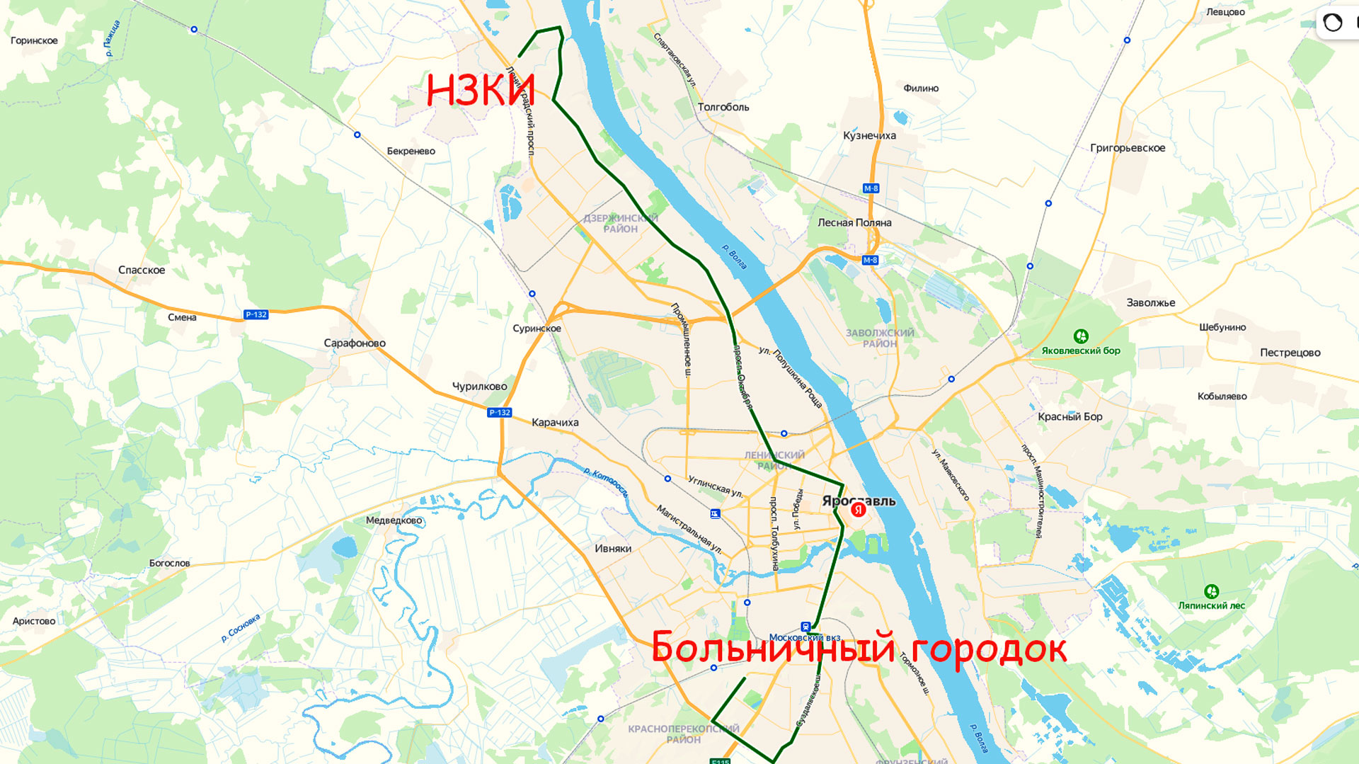 Маршрут автобуса 66 в Ярославле на карте.