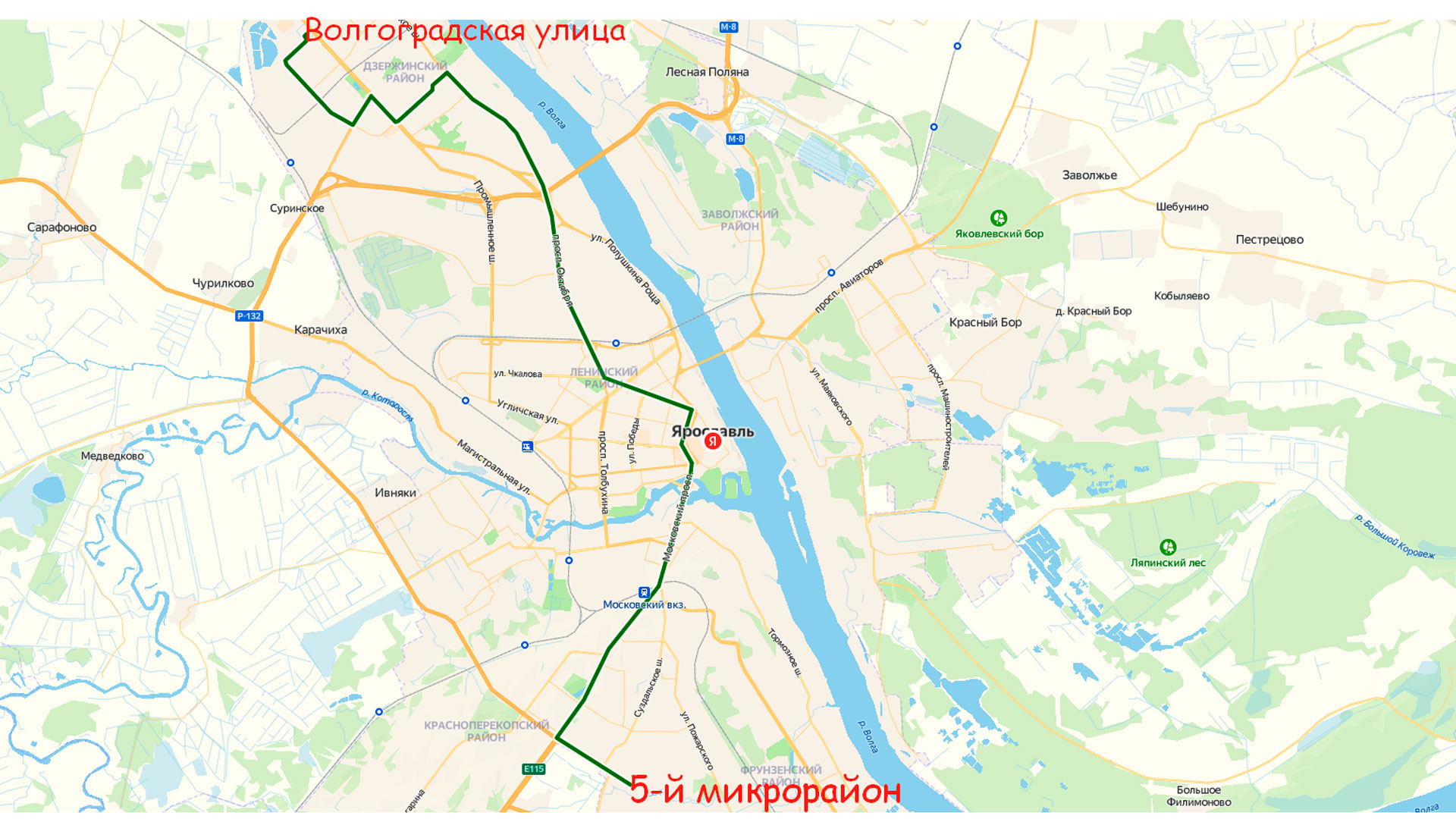 Маршрут автобуса 1 в Ярославле на карте.