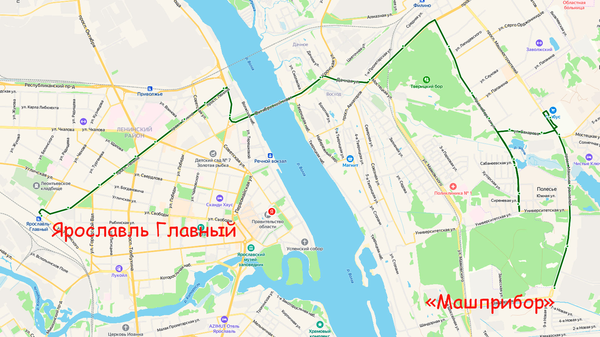 Маршрут автобуса 55 в Ярославле на карте.