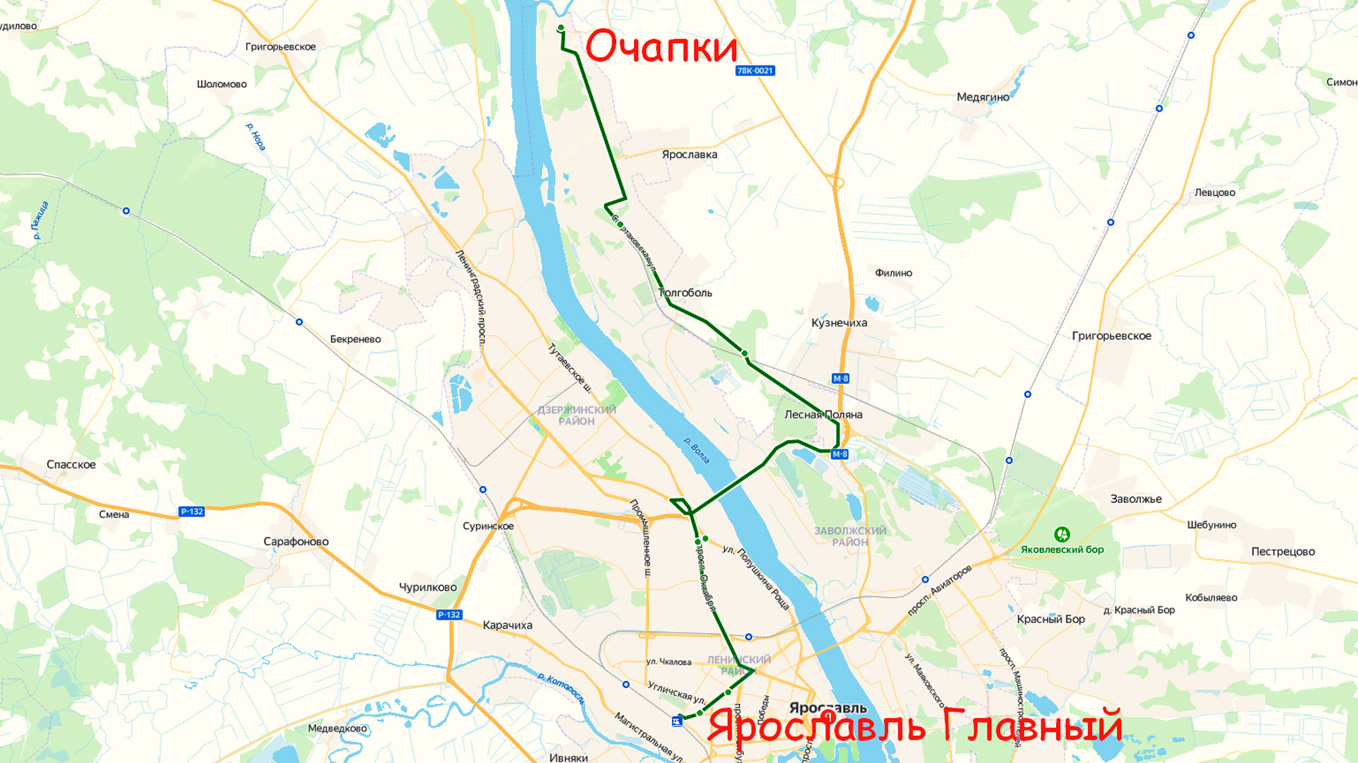 Маршрут автобуса 93Г в Ярославле на карте.