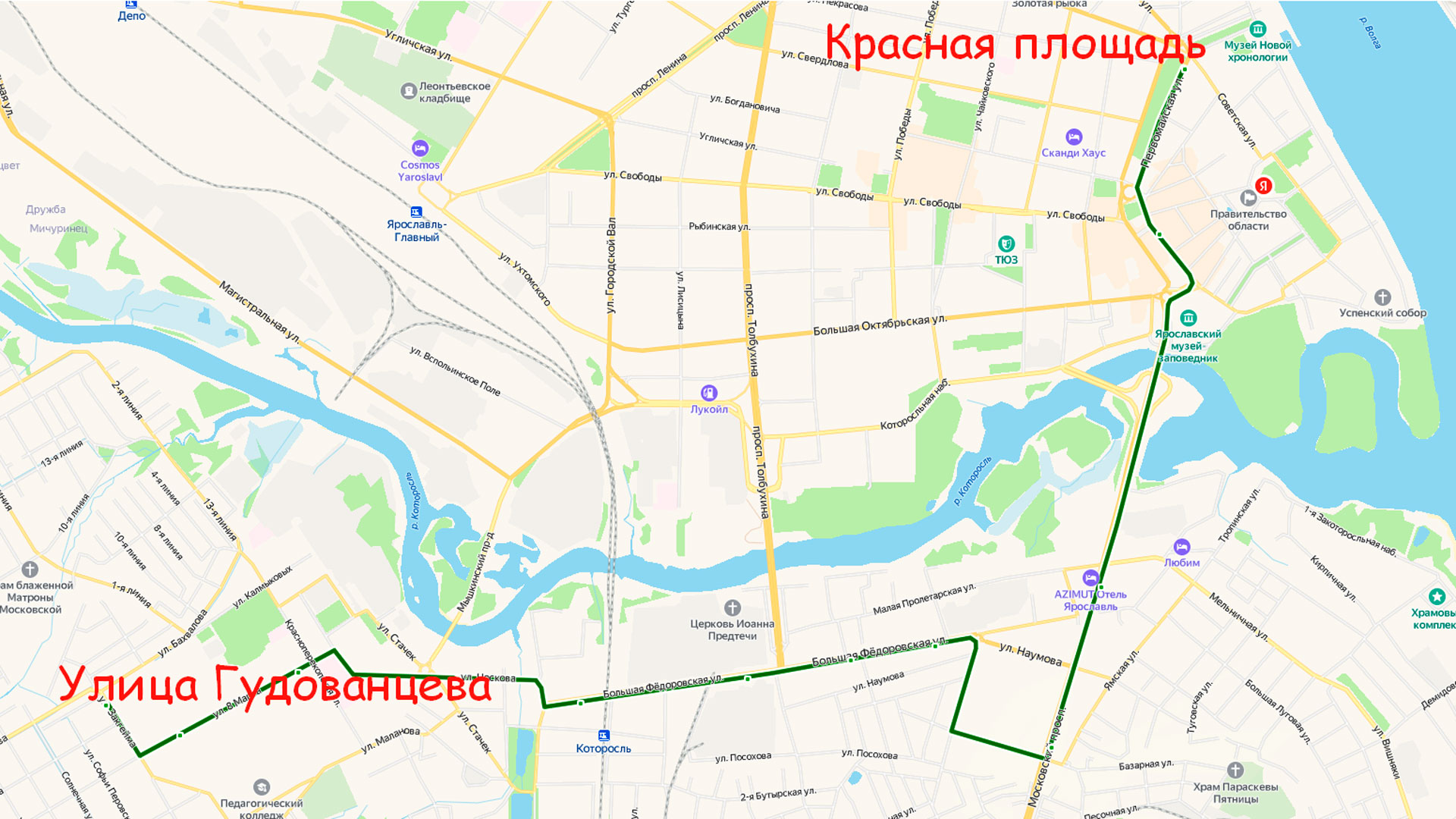 Маршрут автобуса 19К в Ярославле на карте.