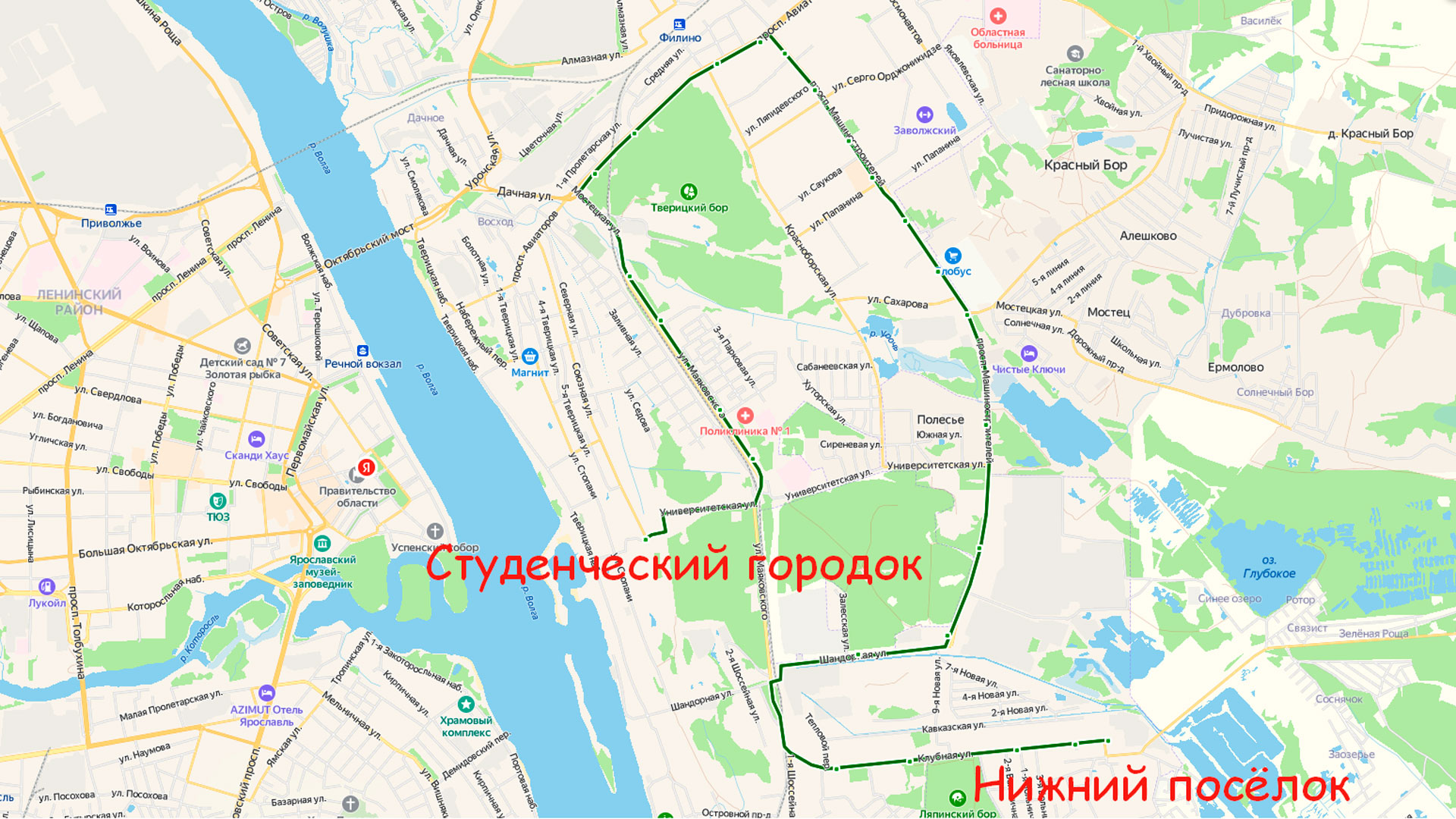 Маршрут автобуса 39 в Ярославле на карте.