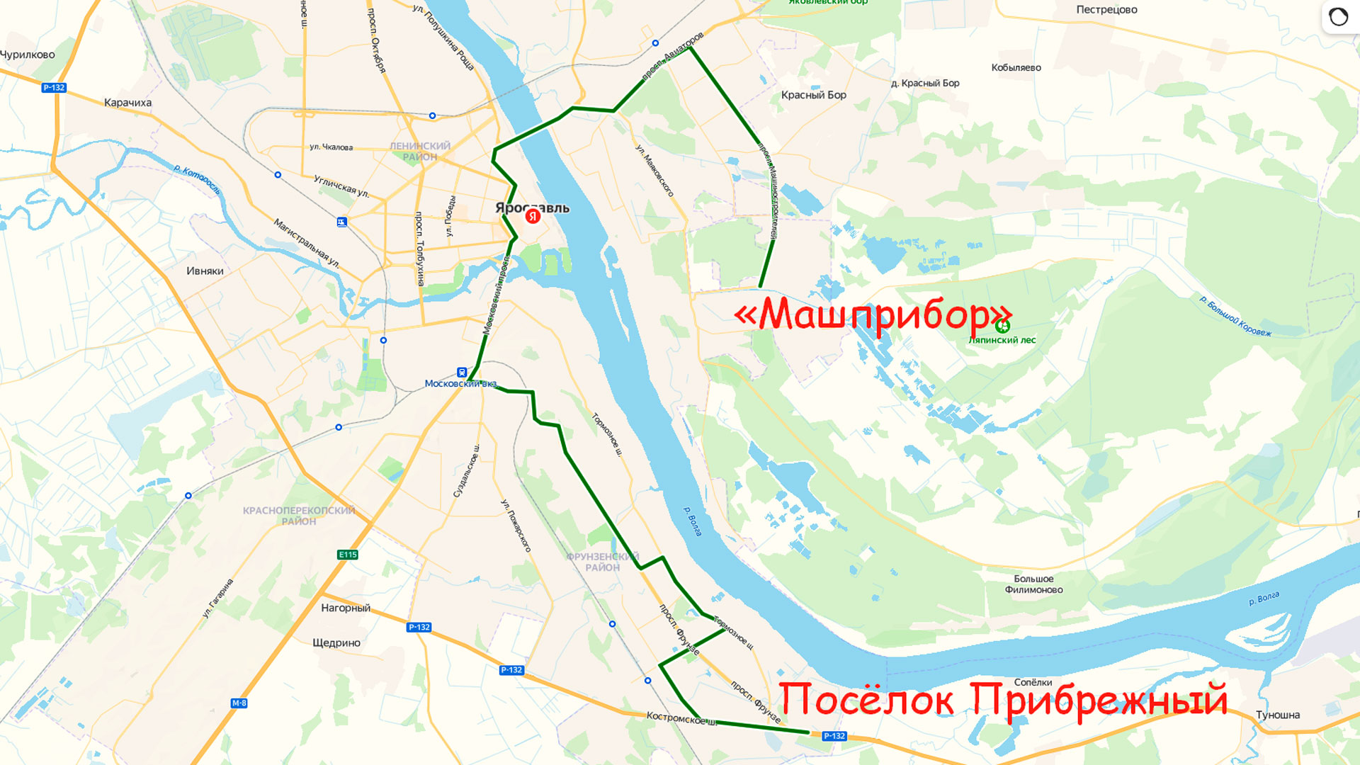 Маршрут автобуса 56 в Ярославле на карте.