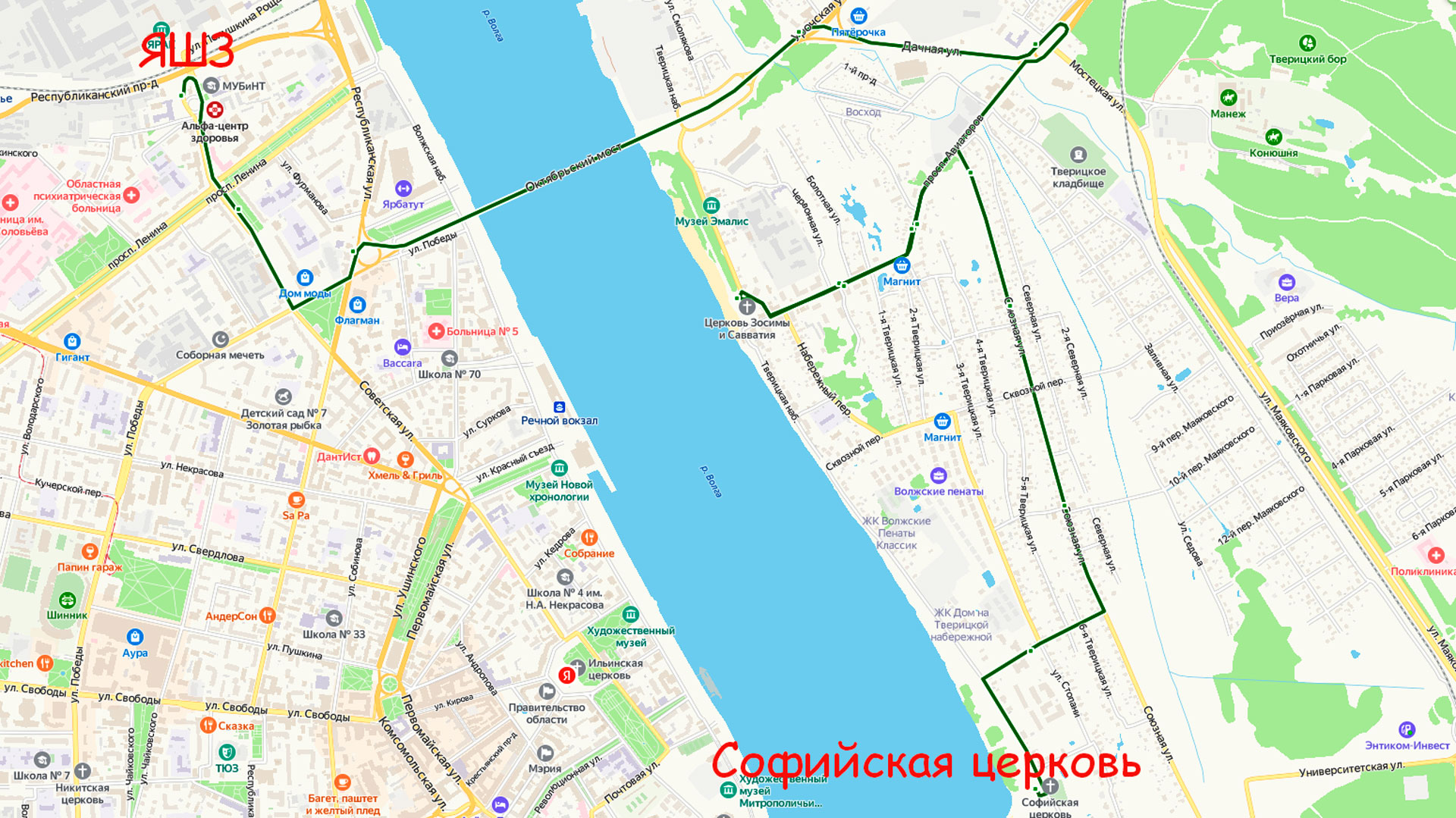Маршрут автобуса 27 в Ярославле на карте.