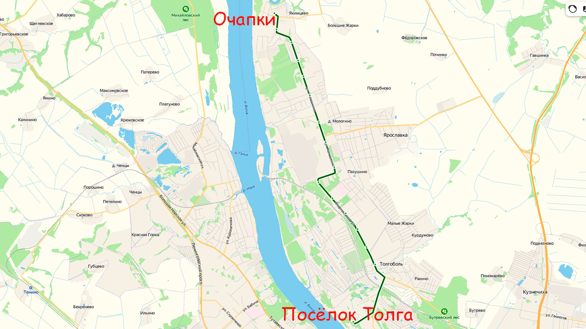 Маршрут автобуса 21Т в Ярославле на карте.