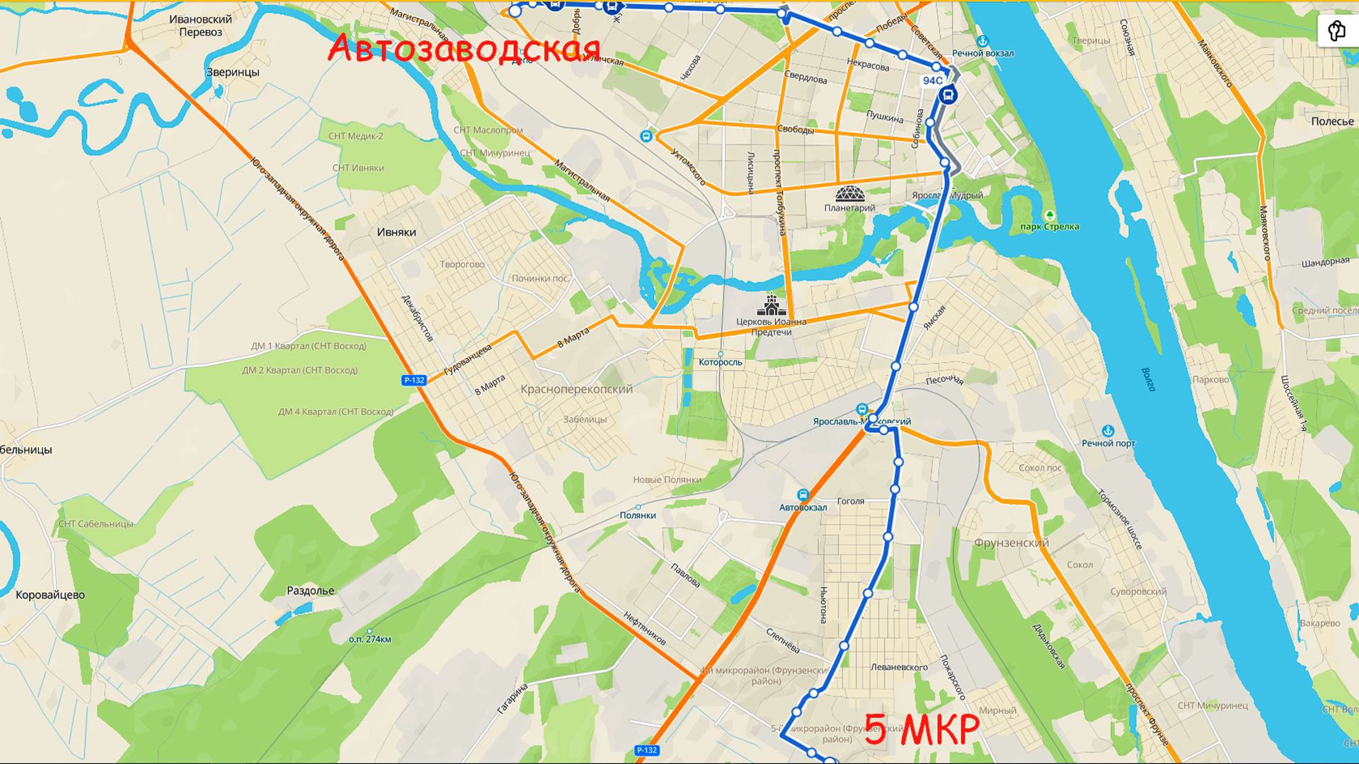 Маршрут автобуса 94С в Ярославле на карте.