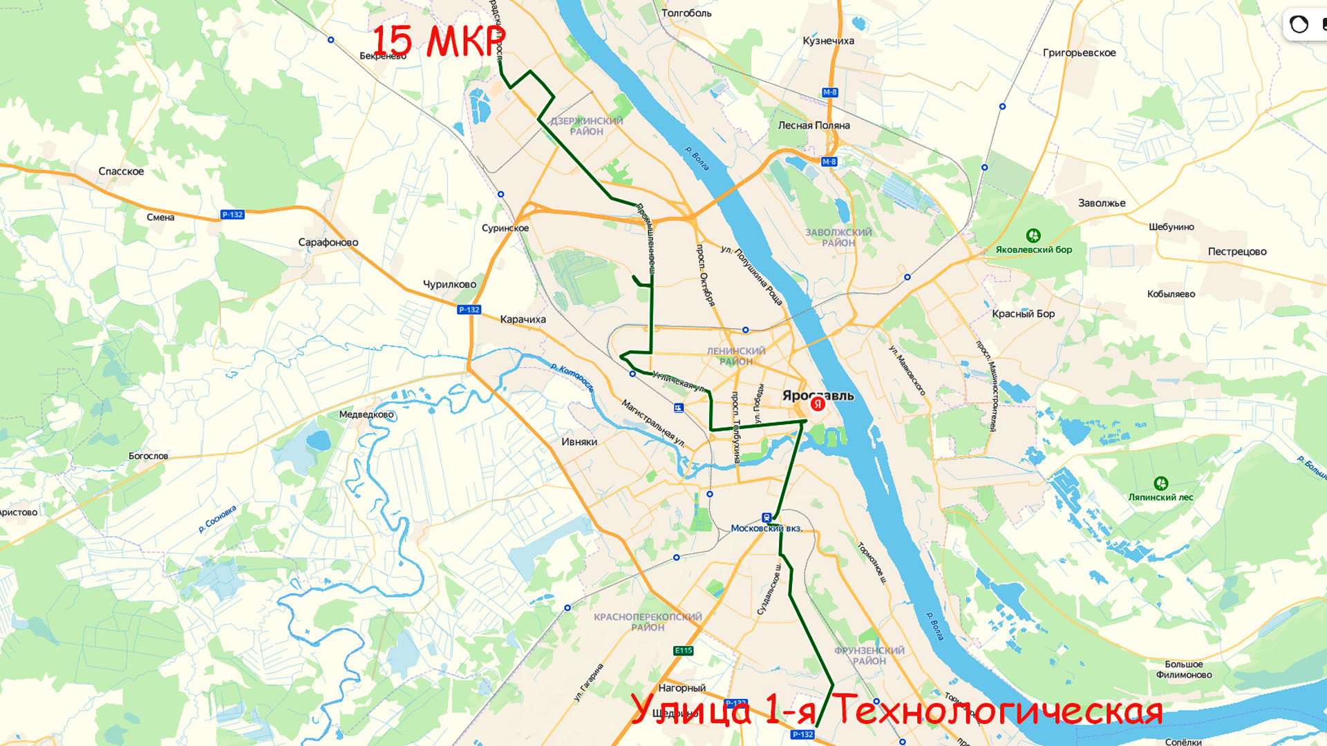 Маршрут автобуса 62 в Ярославле на карте.