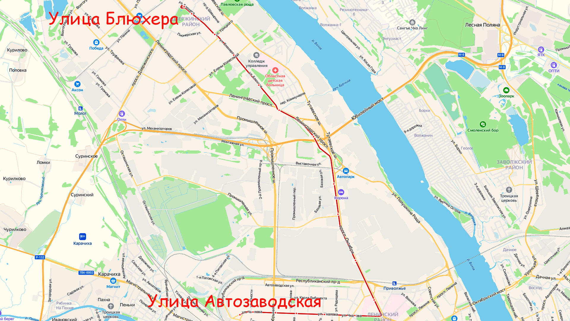 Маршрут трамвая 6 в Ярославле на карте.