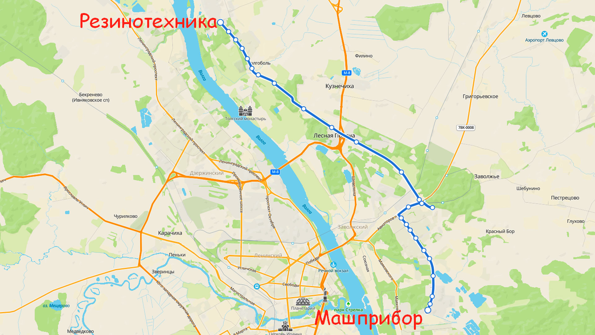 Маршрут автобуса 40С в Ярославле на карте.