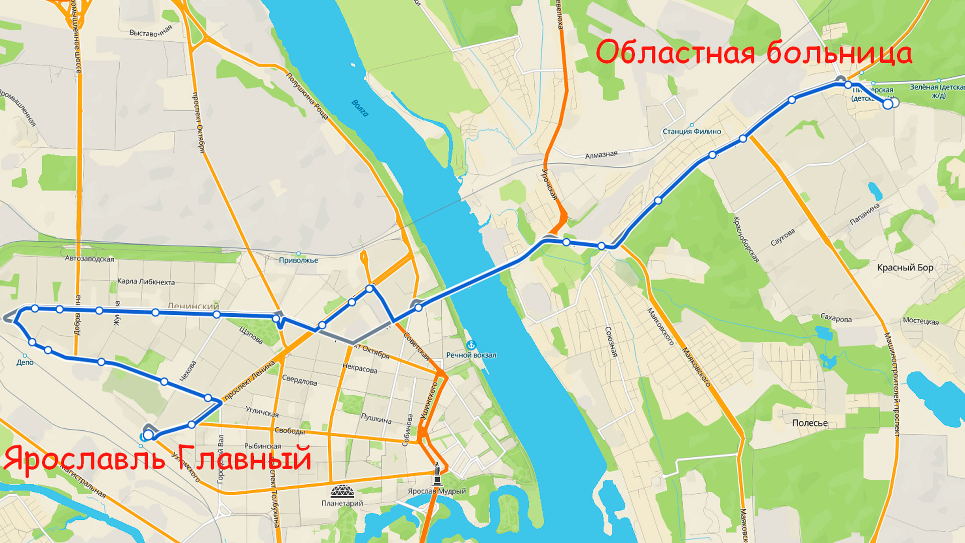 Маршрут автобуса 59 в Ярославле на карте.