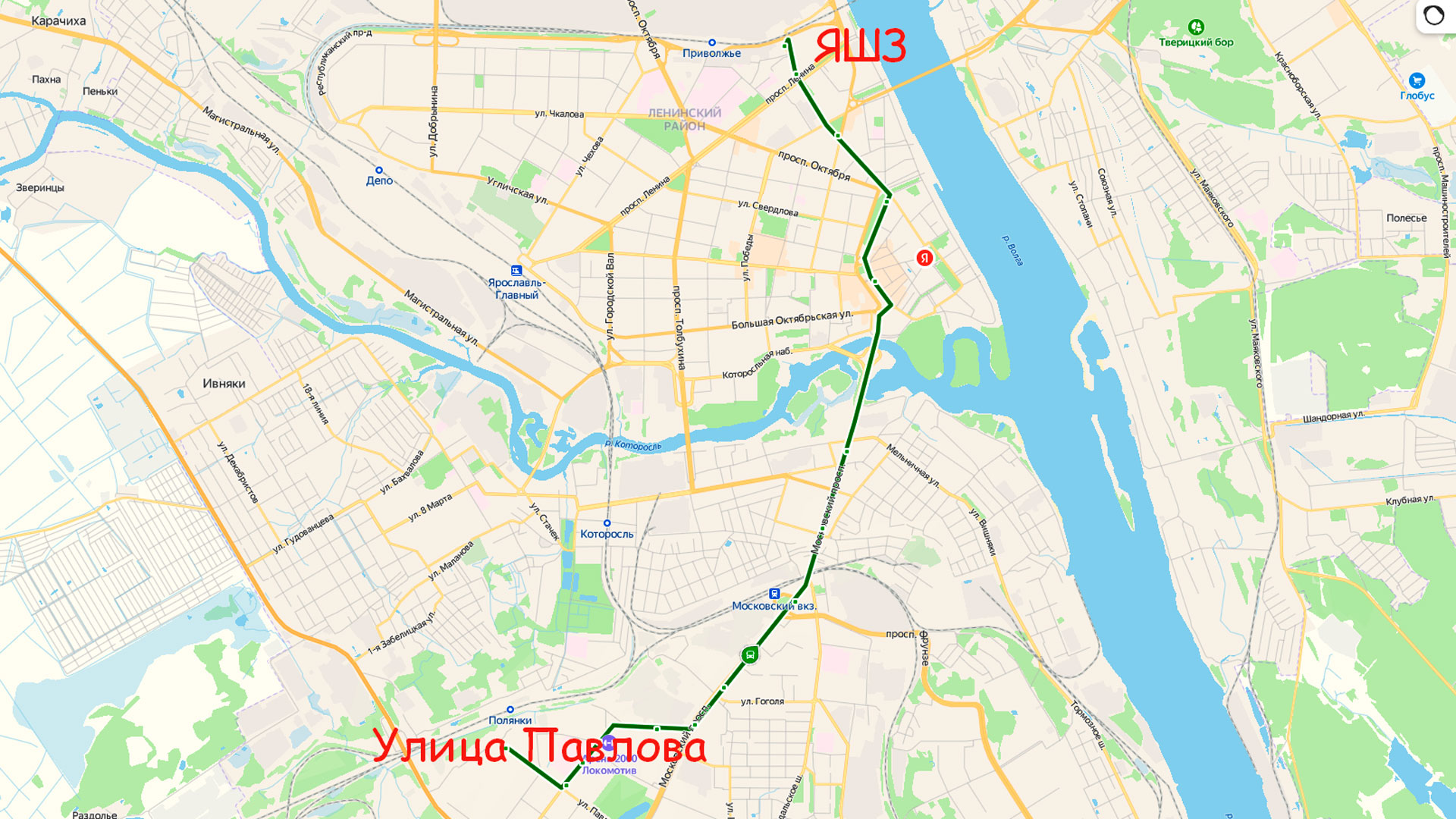Маршрут автобуса 92 в Ярославле на карте.