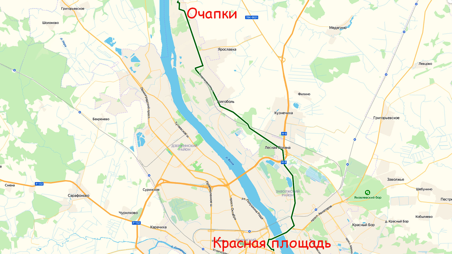 Маршрут автобуса 21 в Ярославле на карте.
